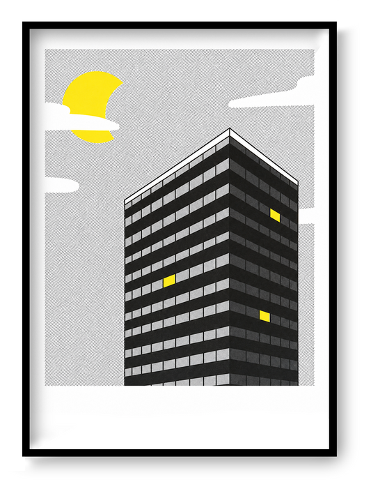 Night View by Studio Stoutpoep featuring a modern black high-rise building with illuminated yellow windows beneath a bright moon, created as a risograph print with graphic architecture, monochrome tones, and contemporary urban wall art appeal.
