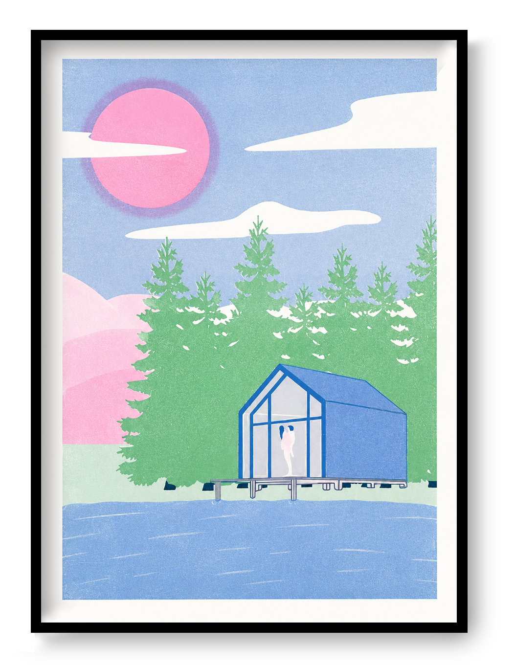 Pavilion art print by Studio Stoutpoep – A2 risograph print featuring a modern lakeside cabin in a forest, with two nude silhouettes embracing inside. Dreamy pink sky, blue water, green trees. Contemporary humorous artwork printed in Belgium.