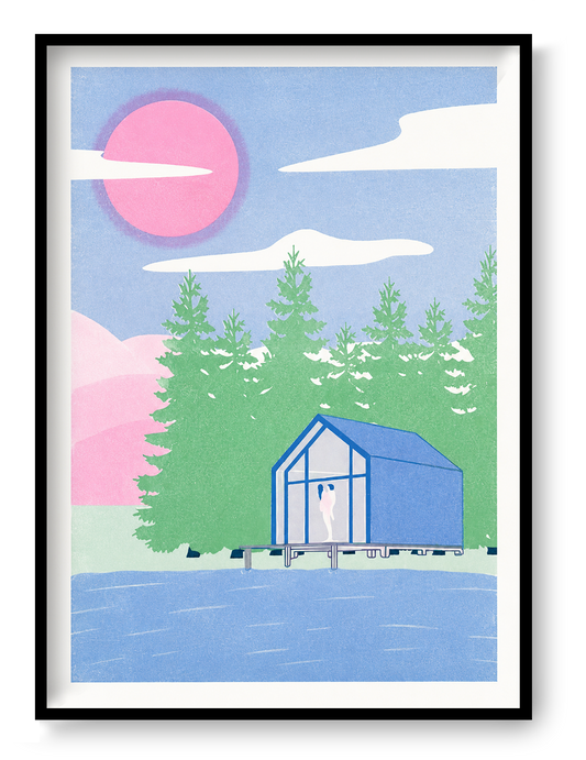 Pavilion art print by Studio Stoutpoep – A2 risograph print featuring a modern lakeside cabin in a forest, with two nude silhouettes embracing inside. Dreamy pink sky, blue water, green trees. Contemporary humorous artwork printed in Belgium.
