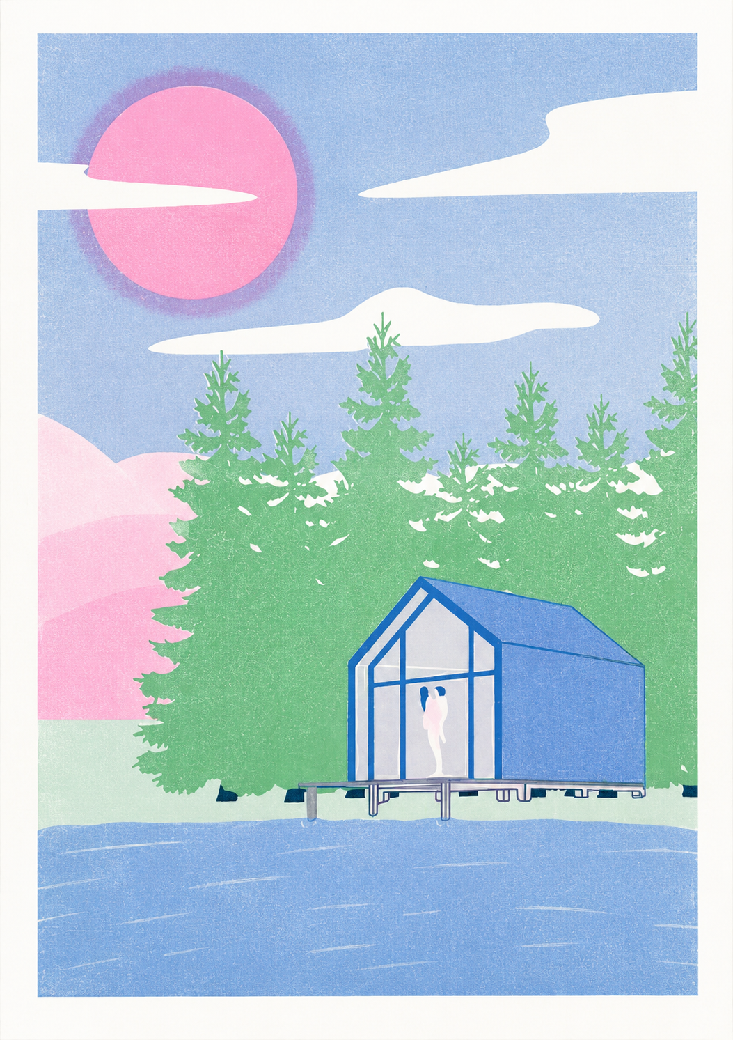 Pavilion art print by Studio Stoutpoep – A2 risograph print featuring a modern lakeside cabin in a forest, with two nude silhouettes embracing inside. Dreamy pink sky, blue water, green trees. Contemporary humorous artwork printed in Belgium.
