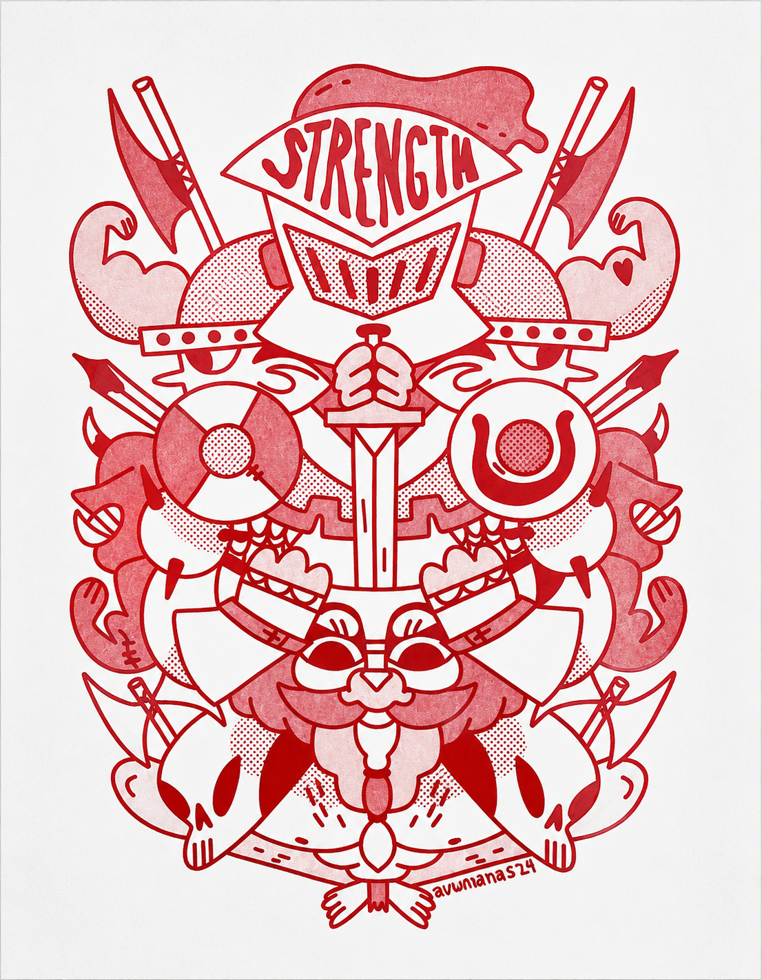 Vertical A3 risograph art print in red on white, featuring a symmetrical medieval crest with a helmet marked Strength, muscular arms, axes, shields, bows and skulls. Bold graphic wall art for studios, hallways and modern interiors.