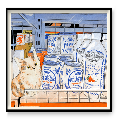 Cozy kitchen shelf illustration featuring a small orange and white cat sitting beside drinks cans and bottles, soft pastel tones, square giclée art print for modern home decor