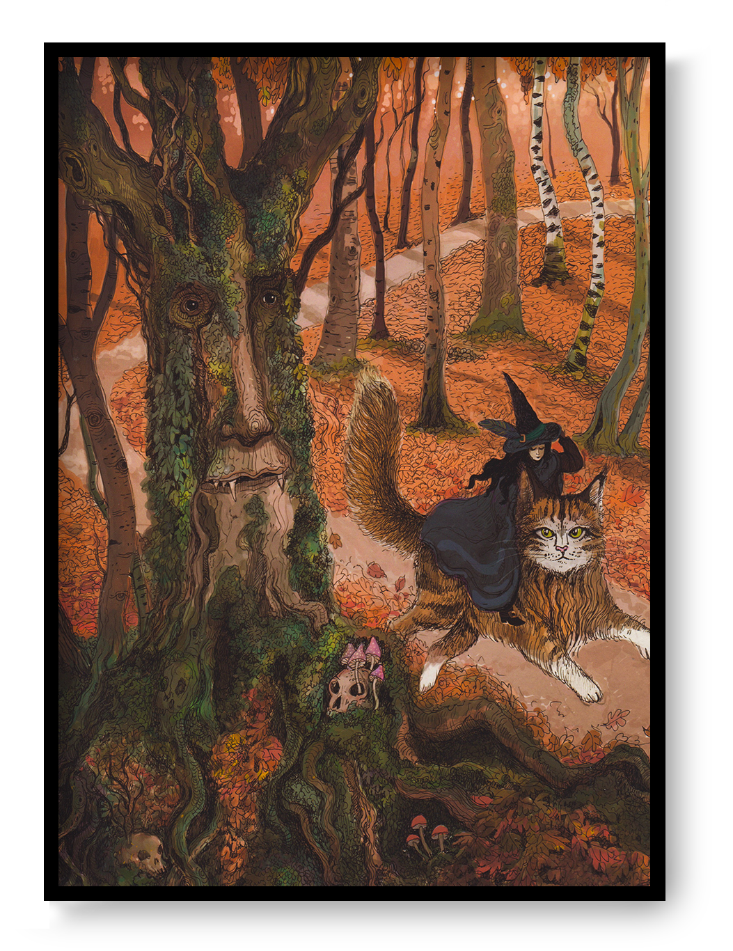 Whimsical autumn forest illustration featuring a witch riding a giant cat beside an ancient tree spirit with a human face, detailed fantasy artwork in warm orange, green, and brown tones, vertical giclée wall art for cosy home decor.