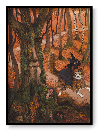 Whimsical autumn forest illustration featuring a witch riding a giant cat beside an ancient tree spirit with a human face, detailed fantasy artwork in warm orange, green, and brown tones, vertical giclée wall art for cosy home decor.