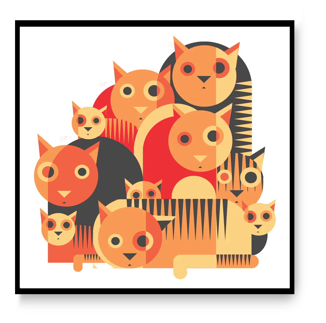 Playful geometric illustration of wide-eyed cats in bold green or orange tones by Belgian artist Gert Paenen. Modern minimalist design with layered shapes and rhythmic patterns, ideal for contemporary interiors, cat lovers, and graphic art collectors. 30 × 30 cm wall art print.