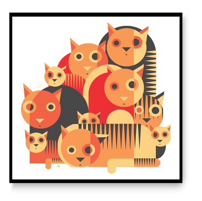 Playful geometric illustration of wide-eyed cats in bold green or orange tones by Belgian artist Gert Paenen. Modern minimalist design with layered shapes and rhythmic patterns, ideal for contemporary interiors, cat lovers, and graphic art collectors. 30 × 30 cm wall art print.