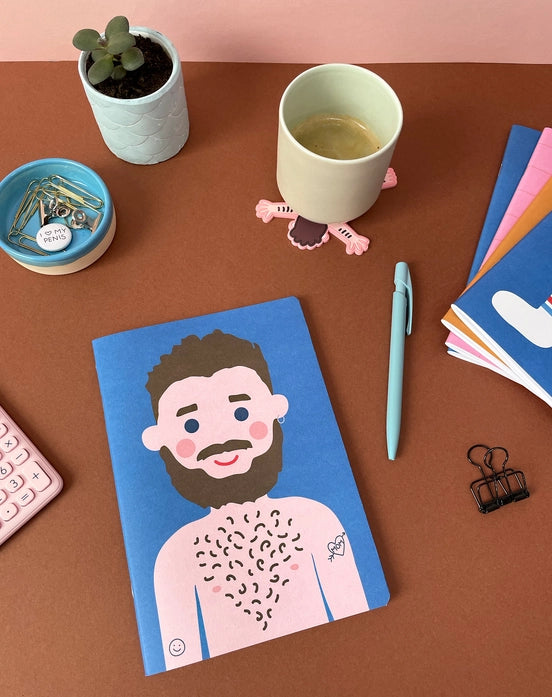 Set of two A5 notebooks by Dicks Don't Lie featuring humorous naked male figure illustrations, printed on premium matte paper with neon dotted pages – ideal for funny gifts or quirky journaling.