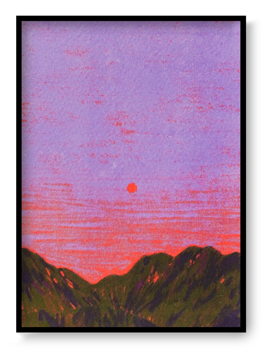 Atmospheric landscape illustration titled ‘China’ by Linde Raats, featuring a minimalist sunset over dark green mountains under a vivid purple and pink sky. This serene and dreamy art print captures the tranquility of dusk with a bold, contemporary color palette—perfect wall decor for lovers of modern travel art, Asian landscapes, and minimal aesthetic prints, available at Galerie Frits