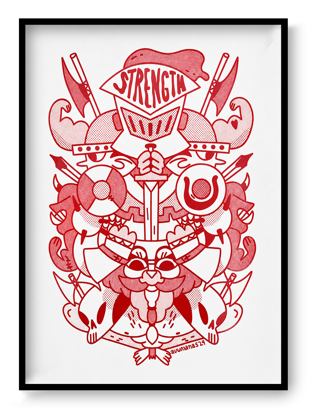 Vertical A3 risograph art print in red on white, featuring a symmetrical medieval crest with a helmet marked Strength, muscular arms, axes, shields, bows and skulls. Bold graphic wall art for studios, hallways and modern interiors.