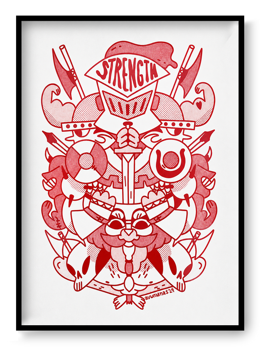 Vertical A3 risograph art print in red on white, featuring a symmetrical medieval crest with a helmet marked Strength, muscular arms, axes, shields, bows and skulls. Bold graphic wall art for studios, hallways and modern interiors.
