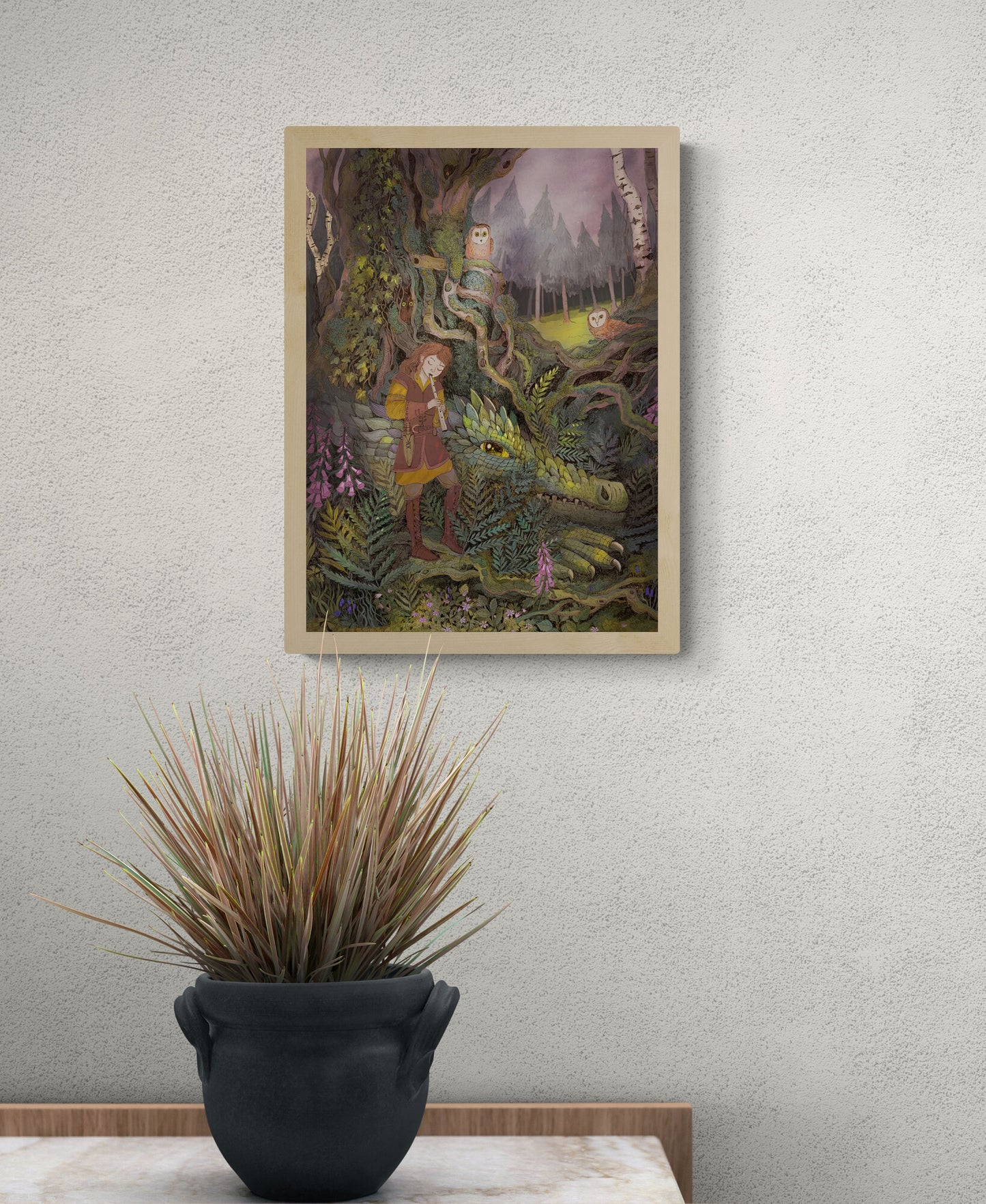 Detailed fantasy forest illustration featuring a musician playing a flute beside a gentle green dragon hidden among lush foliage, owls perched in ancient trees, soft woodland colors and fairytale atmosphere, vertical giclée wall art for cozy home decor.