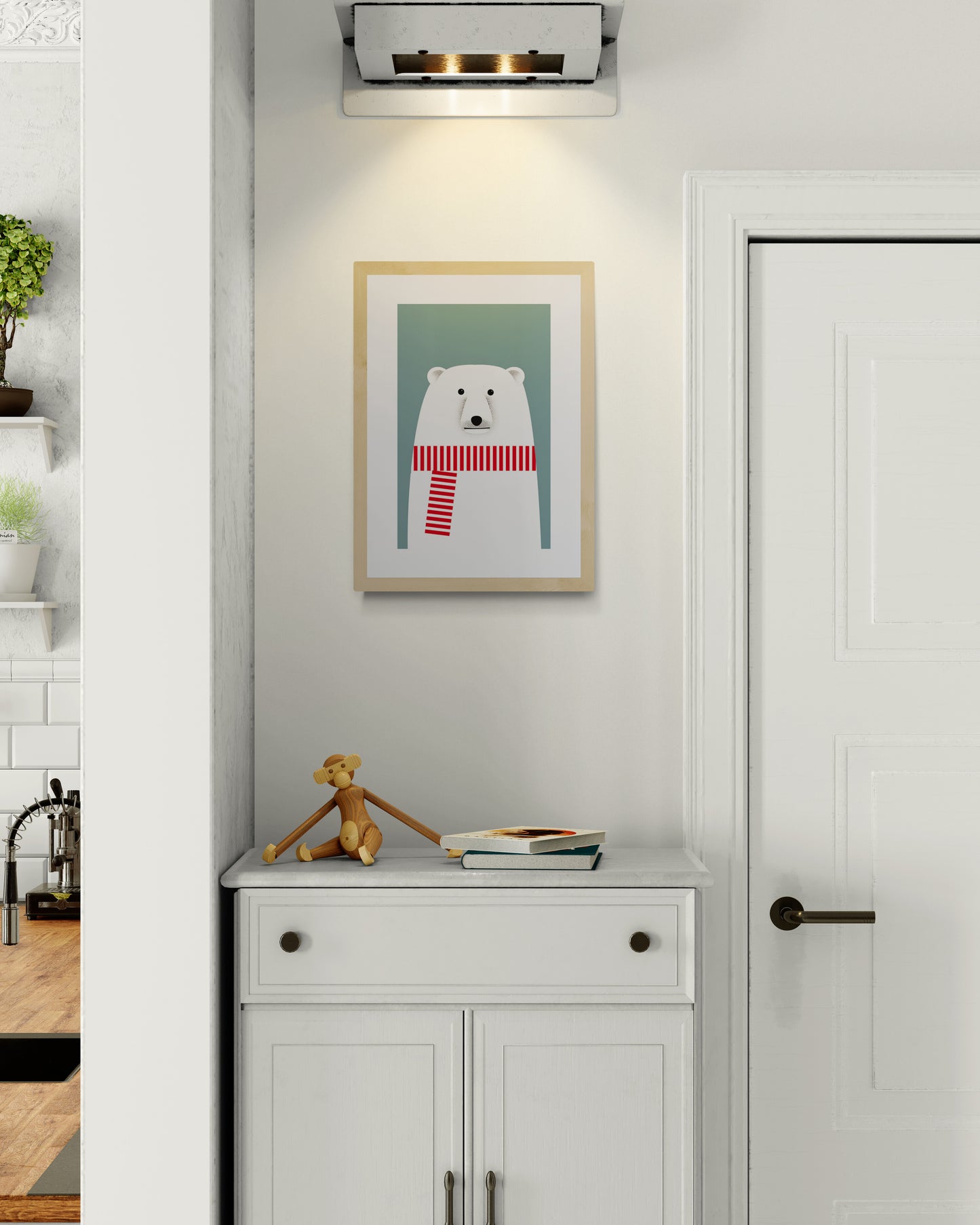 Minimalist illustration by Studio Frits of a charming polar bear wearing a bold red and white striped scarf against a soft blue background. Clean lines and Scandinavian-inspired design make this print a playful yet stylish addition to modern nurseries, seasonal decor, or minimalist art collections