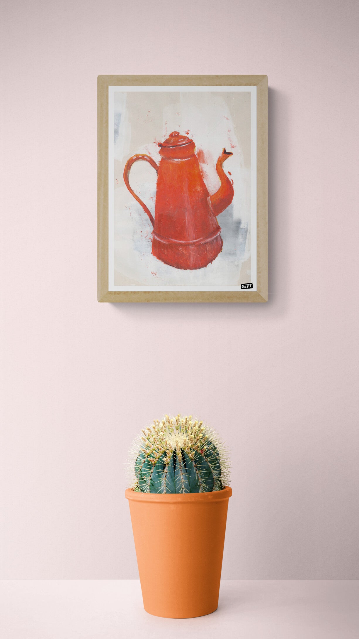 Red coffee pot illustration art print by Gert Paenen on textured neutral background, expressive contemporary kitchen wall art with bold warm colors and painterly details.