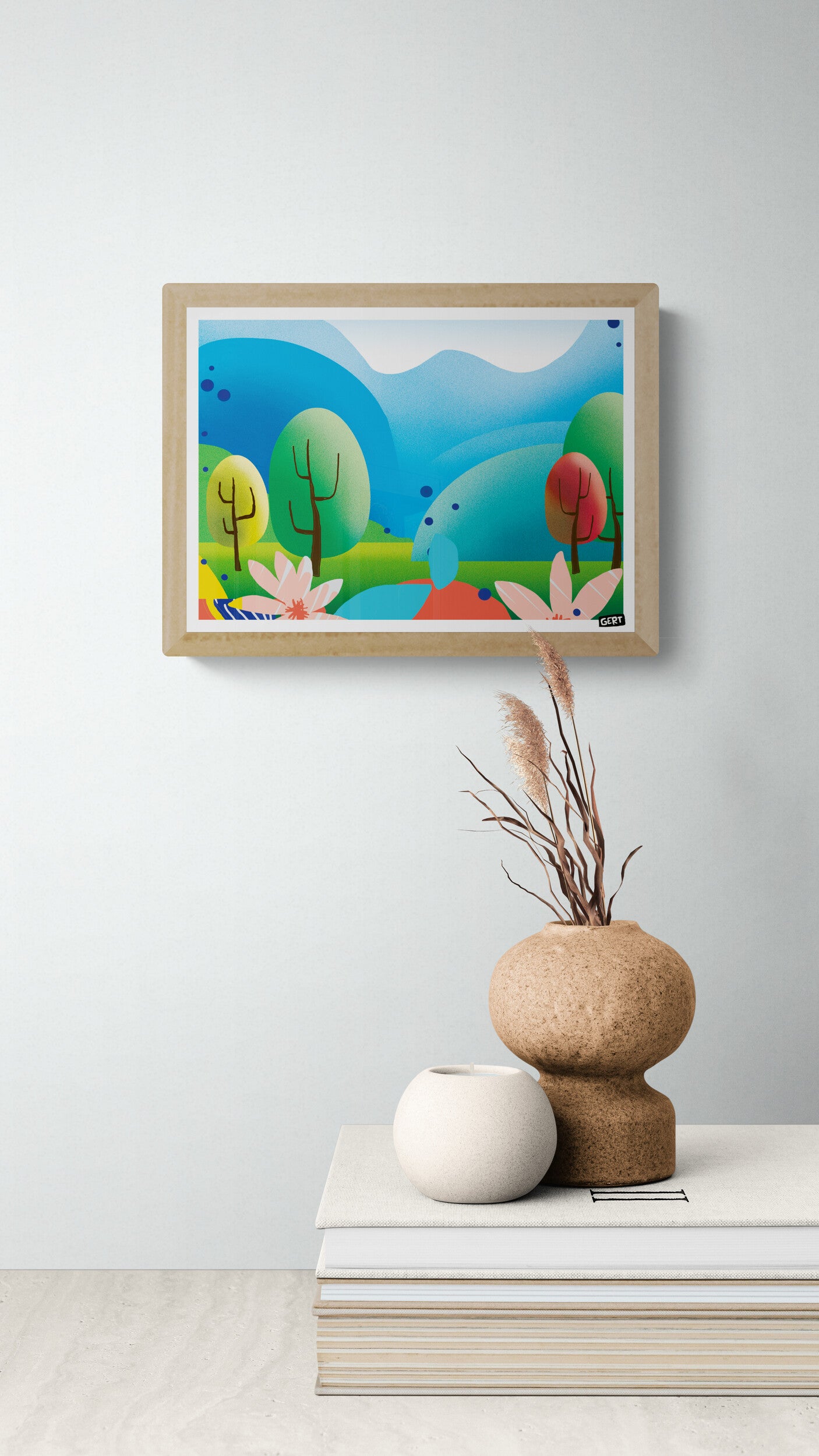Hills by Gert Paenen, colourful landscape digital art print featuring rolling blue hills, stylised trees, flowers, and vibrant geometric shapes, contemporary wall art for modern home decor.