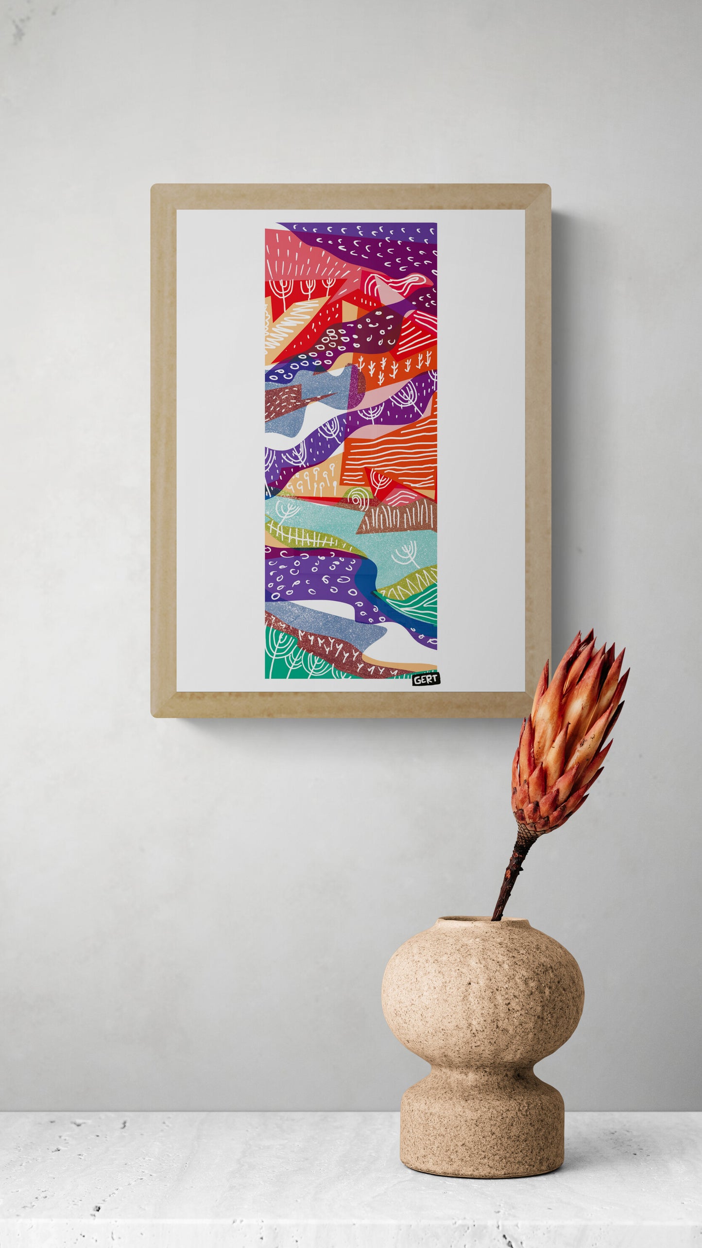 Landscape 1 by Gert Paenen, colorful abstract landscape art print featuring flowing organic shapes, vibrant red, purple, orange, turquoise and green tones, modern graphic illustration for contemporary wall decor, small 13x18 cm art print for home, office and creative interiors.