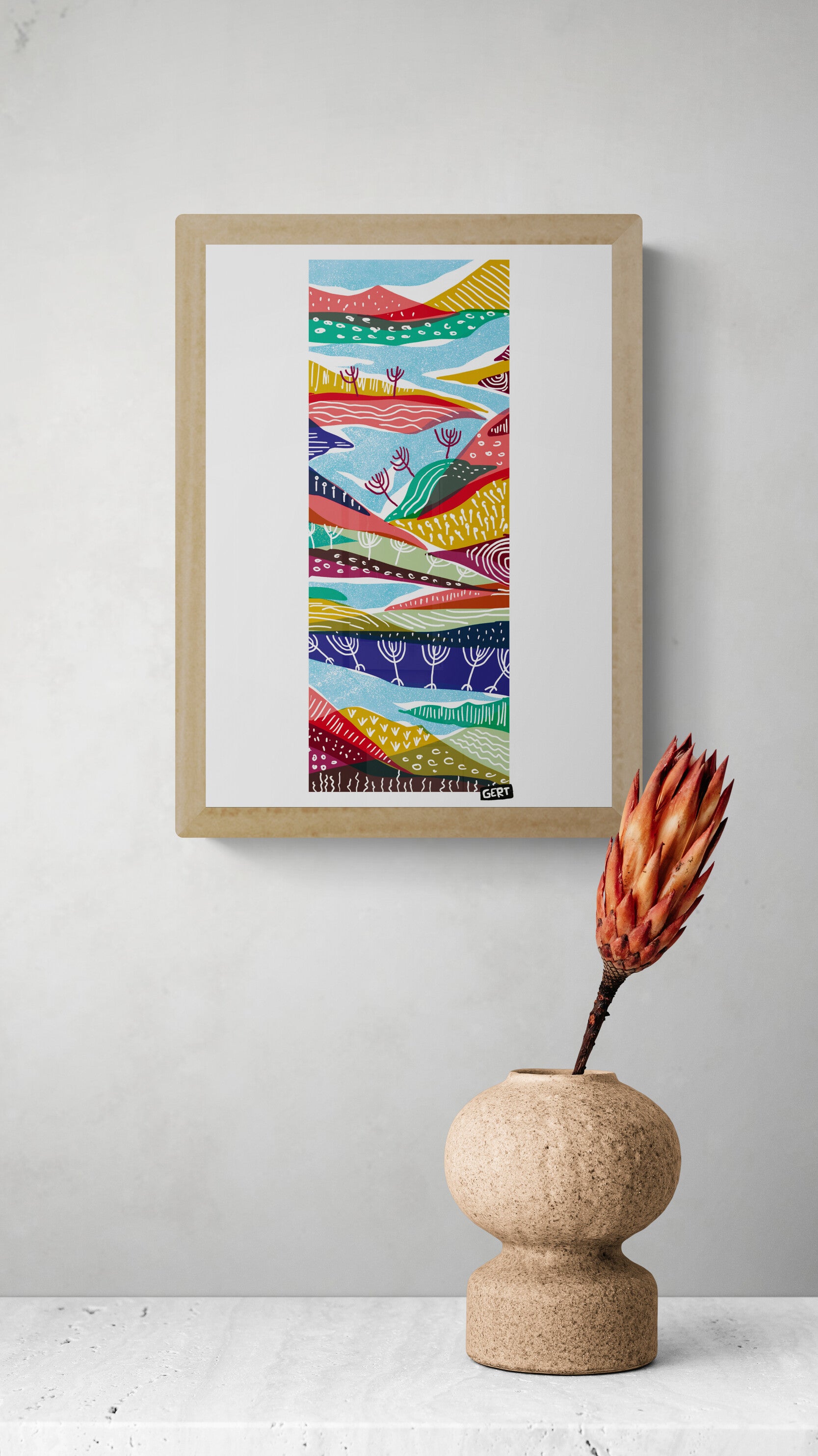 Landscape 2 by Gert Paenen, colourful abstract landscape art print featuring layered hills, stylised trees, flowing shapes and vibrant graphic patterns in blue, red, green, yellow and purple tones, contemporary wall art for modern interiors.