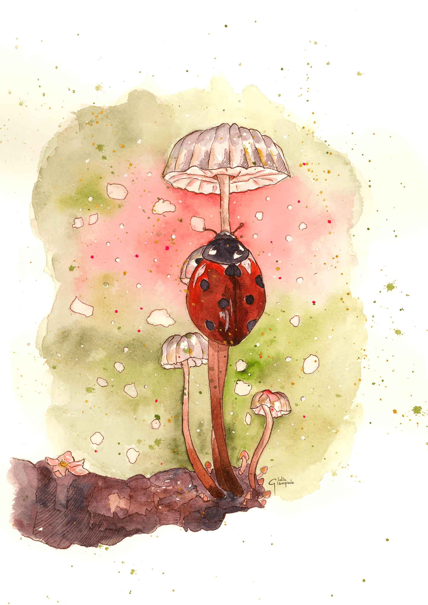Watercolor illustration of a red ladybug standing on tall mushrooms, painted by Giu in a soft, whimsical style, A4 art print for modern wall art, kids room decor, and nature-inspired interiors.