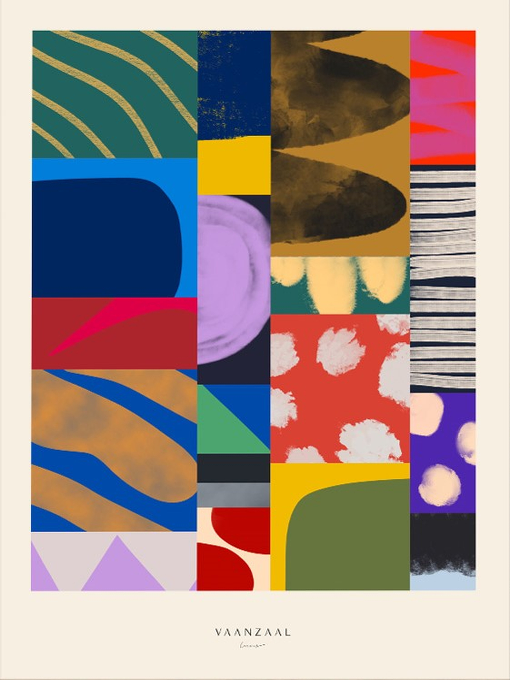 Colorful abstract art print titled ‘Collage’ by Marin Vaan Zaal, featuring bold geometric shapes and expressive textures in a modern patchwork composition. Contemporary wall art perfect for eclectic interiors and design lovers. Available at Galerie Frits