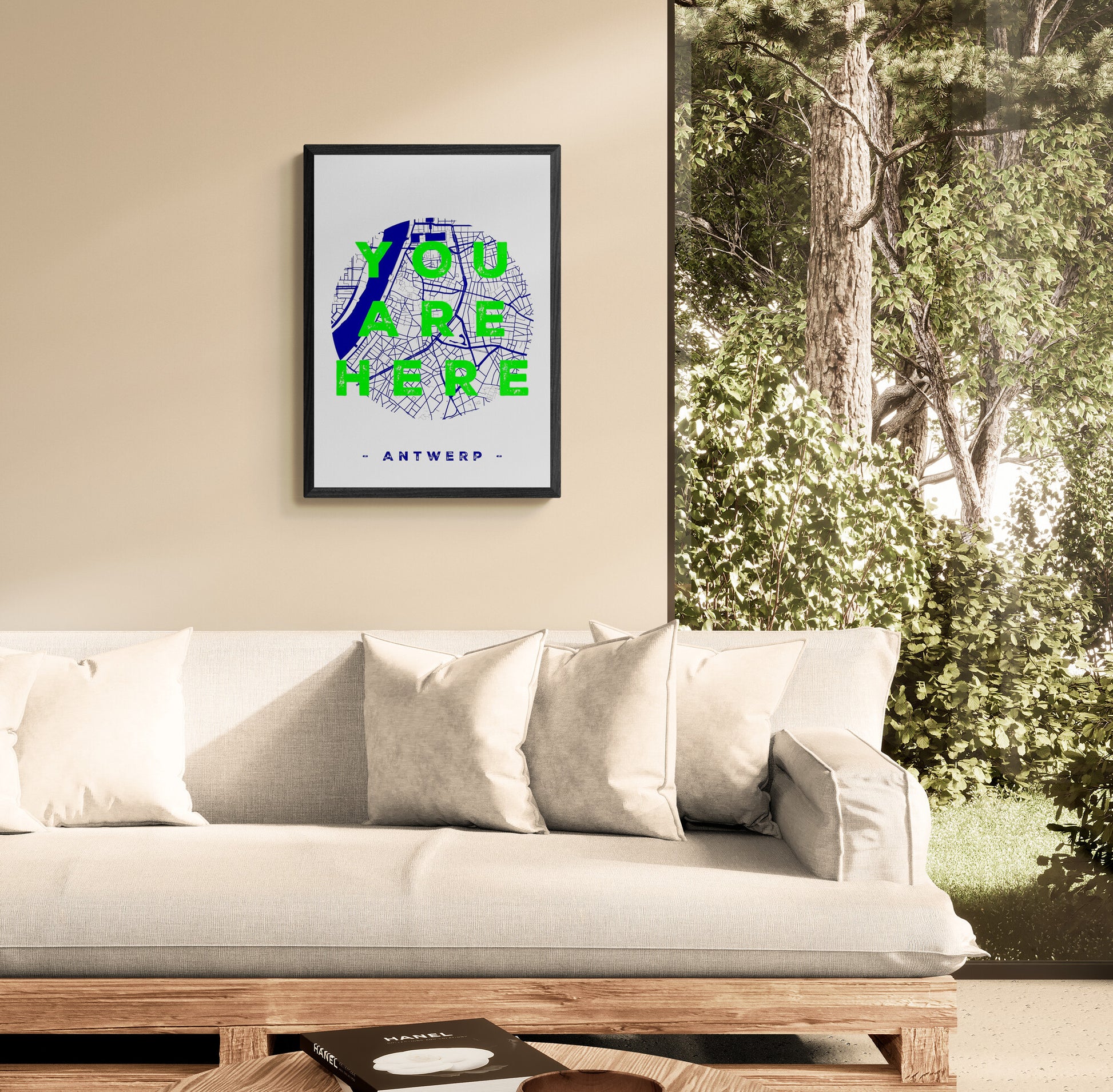 Handmade A3 screen print titled “You Are Here” by De Zeverij, featuring a blue-and-white map of Antwerp with bold green typography, modern graphic wall art printed in Belgium for contemporary interiors.