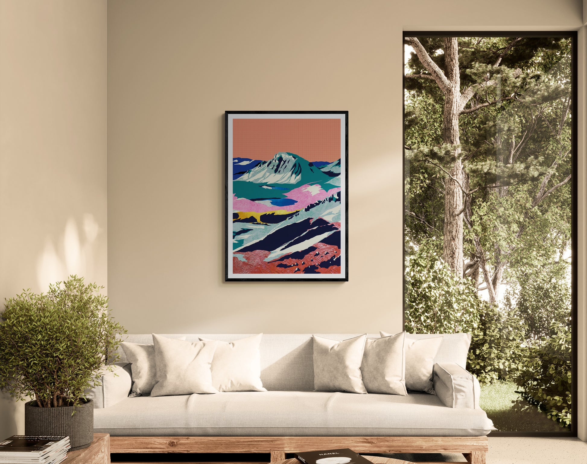 Large contemporary digital collage art print inspired by the Swiss Alps, featuring layered mountain landscapes, vibrant colors, textured surfaces, and abstract forms by Belgian illustrator Gert Paenen.