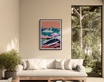 Large contemporary digital collage art print inspired by the Swiss Alps, featuring layered mountain landscapes, vibrant colors, textured surfaces, and abstract forms by Belgian illustrator Gert Paenen.