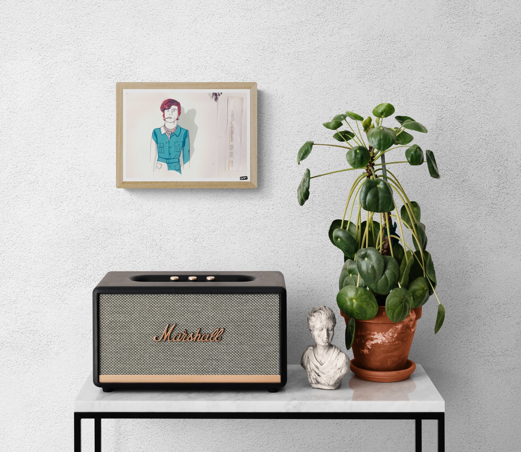 Sketch Guy by Gert Paenen, 13 × 18 cm digital art print featuring a hand-drawn character portrait with red hair, expressive sketch lines, and blue clothing. Contemporary illustration wall art printed on premium 300 g/m² paper for modern interiors, creative workspaces, and gallery walls.