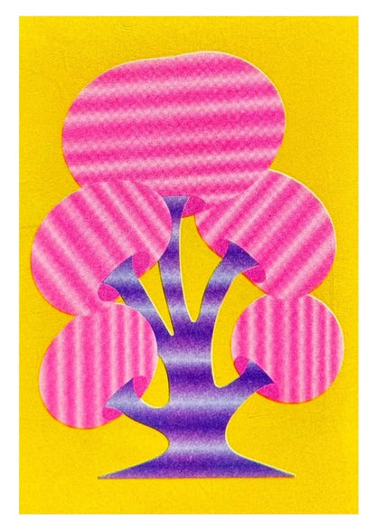 Funky abstract mushroom risograph print by Dutch illustrator PTRVRKD – bold minimalist design with purple stem, striped pink mushroom caps, and bright yellow background, printed with eco-friendly soy inks on 250 gsm Biotop paper, handmade in the Netherlands – small, playful art print for modern spaces.
