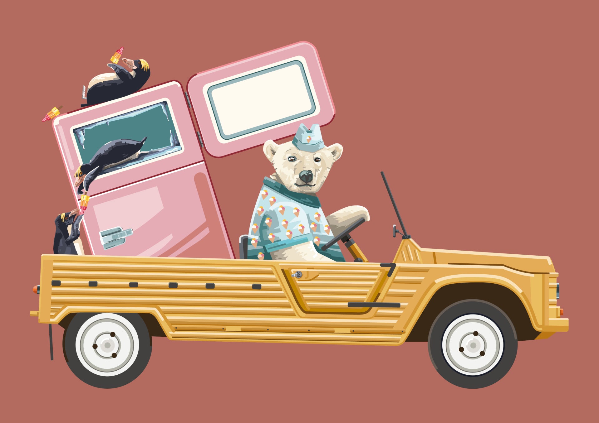 Colourful landscape digital illustration of a polar bear driving a yellow vintage beach car with a pink freezer and penguins, in a playful retro style. Horizontal wall art for a living room, office, or child’s room.