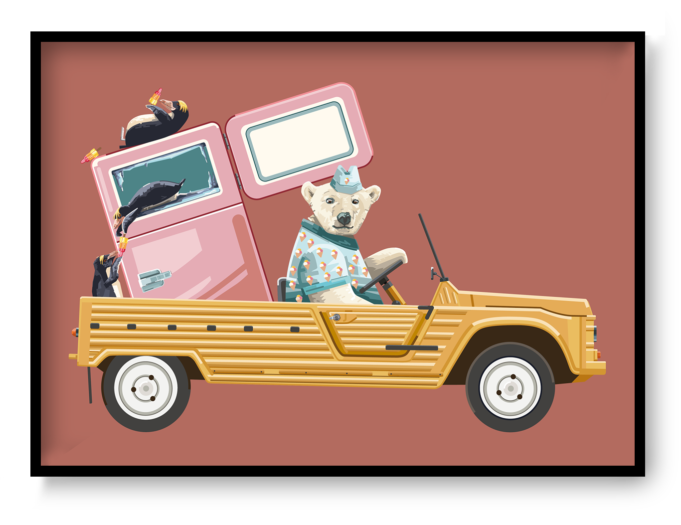 Colourful landscape digital illustration of a polar bear driving a yellow vintage beach car with a pink freezer and penguins, in a playful retro style. Horizontal wall art for a living room, office, or child’s room.