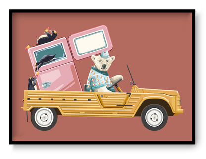 Colourful landscape digital illustration of a polar bear driving a yellow vintage beach car with a pink freezer and penguins, in a playful retro style. Horizontal wall art for a living room, office, or child’s room.