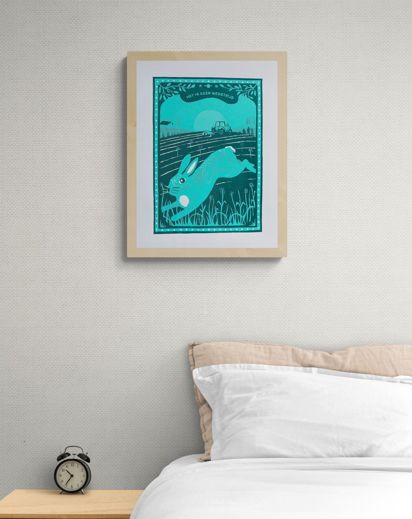 two-colour screen print of a running hare in farmland landscape with tractor and rising sun, playful nature illustration by Dennis Dellaert, limited edition art print 30x40 cm