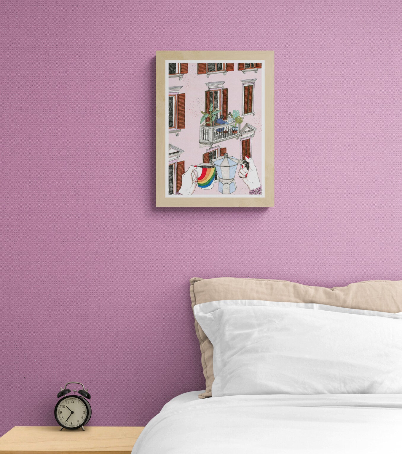 Colorful balcony lifestyle illustration showing two people sharing coffee in a European apartment building, with rainbow mug and moka pot in foreground, cozy urban wall art print by Ana Jarén