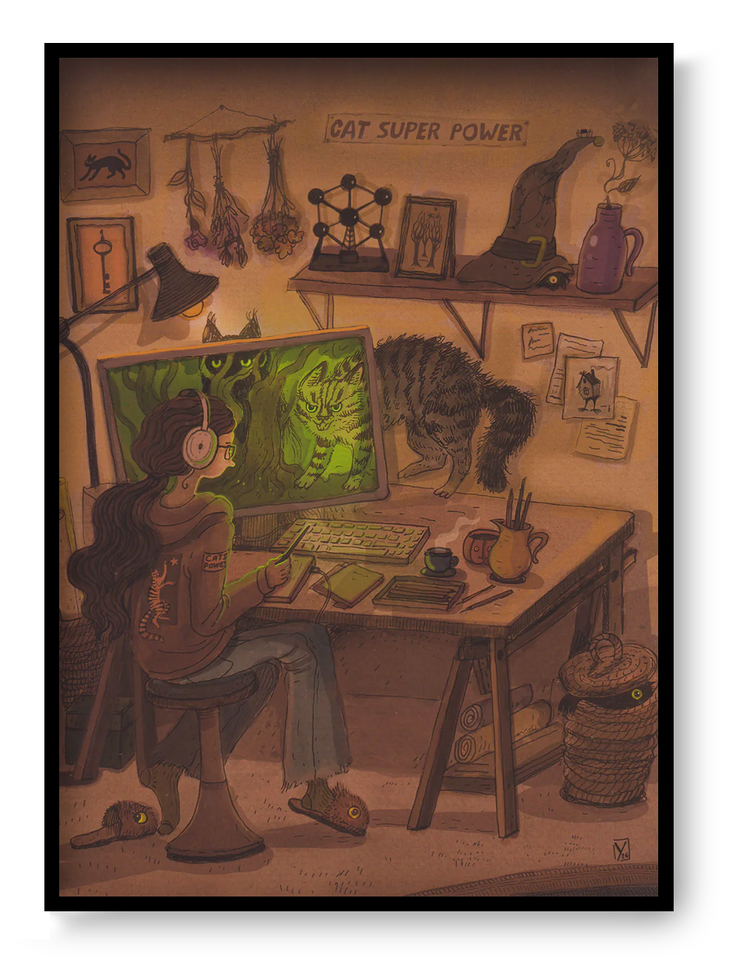 Whimsical Cyber Cats art print by Lena Yampolski featuring a creative workspace, magical cats, computer screen, warm earthy tones, fantasy illustration style, vertical giclée wall art for home office decor.