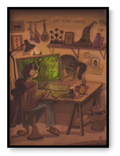 Whimsical Cyber Cats art print by Lena Yampolski featuring a creative workspace, magical cats, computer screen, warm earthy tones, fantasy illustration style, vertical giclée wall art for home office decor.
