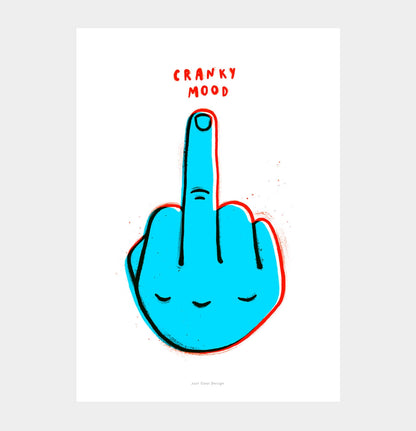 Colorful pop art print titled “Cranky Mood” by Just Cool Design showing a bright blue cartoon hand giving the middle finger with red outline and playful text above. Bold, humorous wall art for modern interiors, creative studios, or as a quirky gift idea.