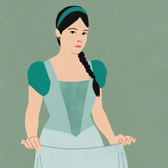 "Feet on the Ground" by Doriane Millet – minimalist illustration of a modern girl in a fairytale-style dress and red sneakers, standing confidently on a muted green background; whimsical and empowering wall art print blending classic and contemporary styles, available at Galerie Frits