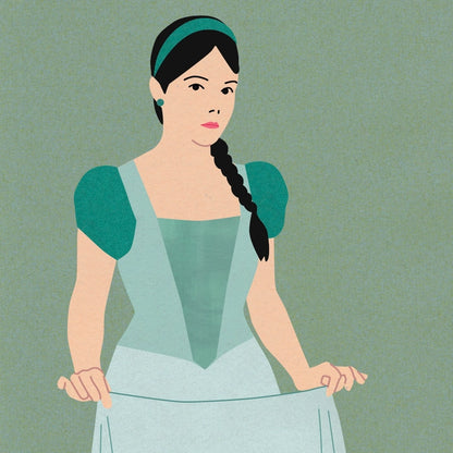 "Feet on the Ground" by Doriane Millet – minimalist illustration of a modern girl in a fairytale-style dress and red sneakers, standing confidently on a muted green background; whimsical and empowering wall art print blending classic and contemporary styles, available at Galerie Frits