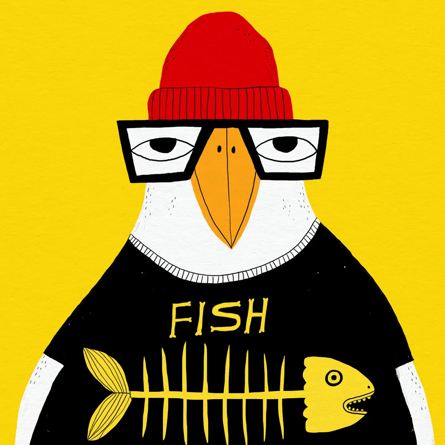 Funny seagull illustration wearing red beanie and "Fish Forever" sweater – colorful and quirky art print by Dans les Dents, perfect for modern interiors, kids’ rooms, and playful wall decor.