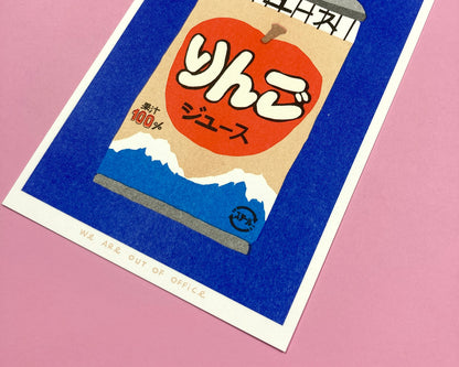 Colorful risograph print by We Are Out Of Office showing a can of Japanese apple juice with Mount Fuji in the background, printed in red, blue, and beige tones on eco-friendly paper – modern pop art wall decor for design lovers.