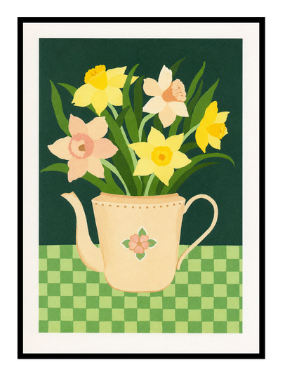 Botanical art print “Daffodils” by Leens featuring bright yellow daffodil flowers in a blue striped teapot on a pink table. Warm floral wall art with vintage colours for cozy kitchen and Scandinavian-style interiors.