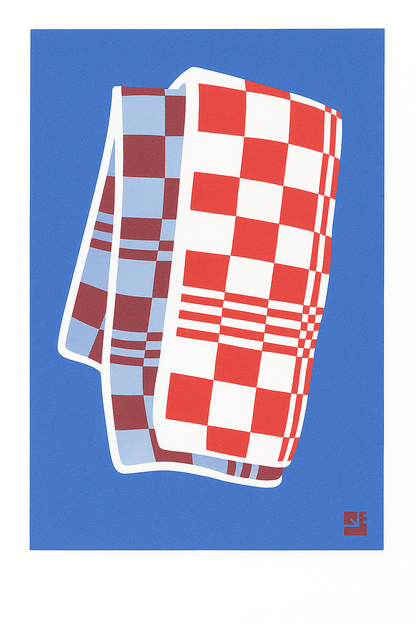 A4 risograph print titled Towel by Dutch studio VrijFormaat. Features a red and blue checkered dish towel illustrated in bold, minimalist style. Part of the “Extra Ordinary” series, printed on 160g Biotop paper using soy-based risography ink. Ideal for lovers of design, pattern, and printmaking.