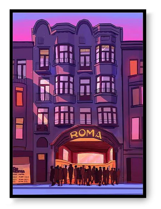 A4 art print “De Roma” by Valeria Maggiani, illustrated view of Antwerp’s De Roma concert hall at dusk, warm architectural wall art.