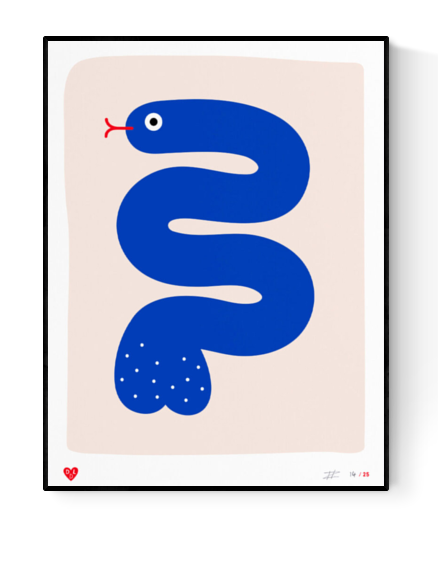 30 x 40 cm limited edition screen print titled Trouser Snake by Dicks Don’t Lie. Features a stylized, minimal blue snake with a humorous double meaning, printed in 4 vibrant colors. Hand-printed in the Netherlands, signed by the artist, edition of 25.