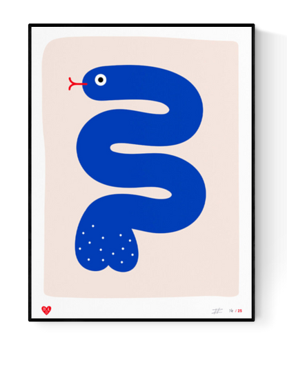 30 x 40 cm limited edition screen print titled Trouser Snake by Dicks Don’t Lie. Features a stylized, minimal blue snake with a humorous double meaning, printed in 4 vibrant colors. Hand-printed in the Netherlands, signed by the artist, edition of 25.