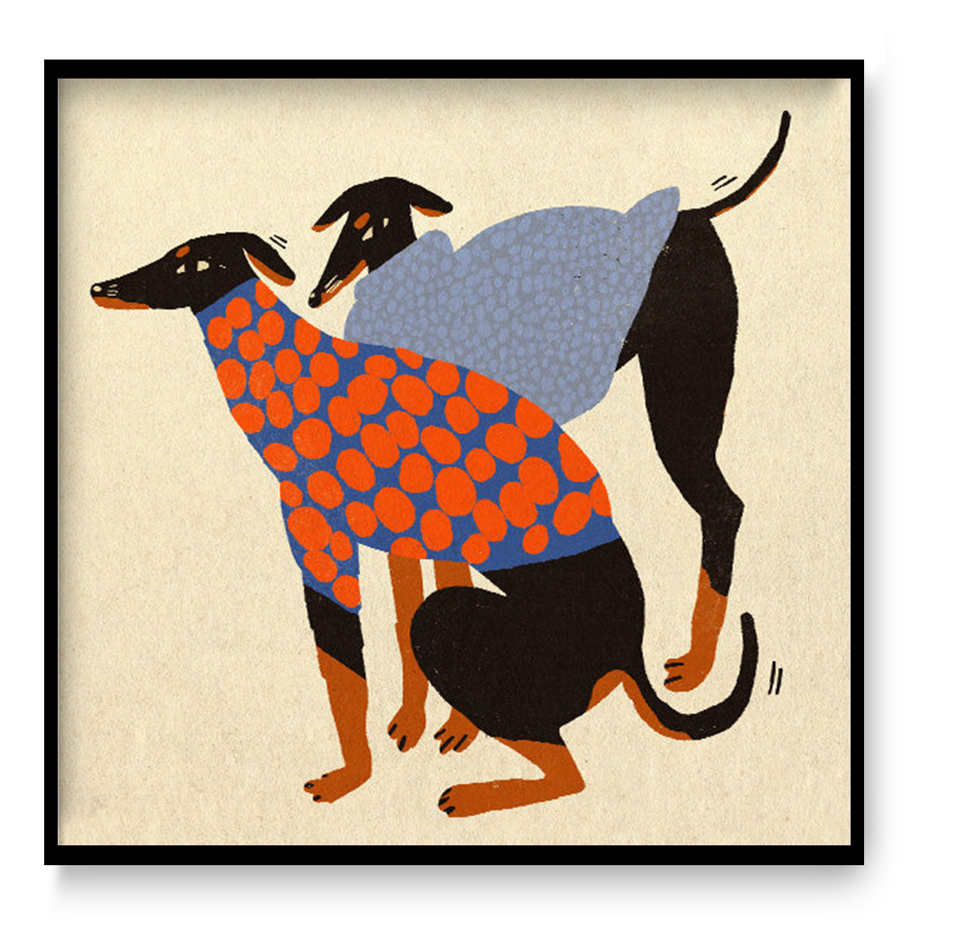 Colorful Doggos art print by Enikő Eged featuring two stylized black dogs wearing patterned sweaters in blue, orange, and grey tones on a warm neutral background, square contemporary giclée wall art for modern interiors.