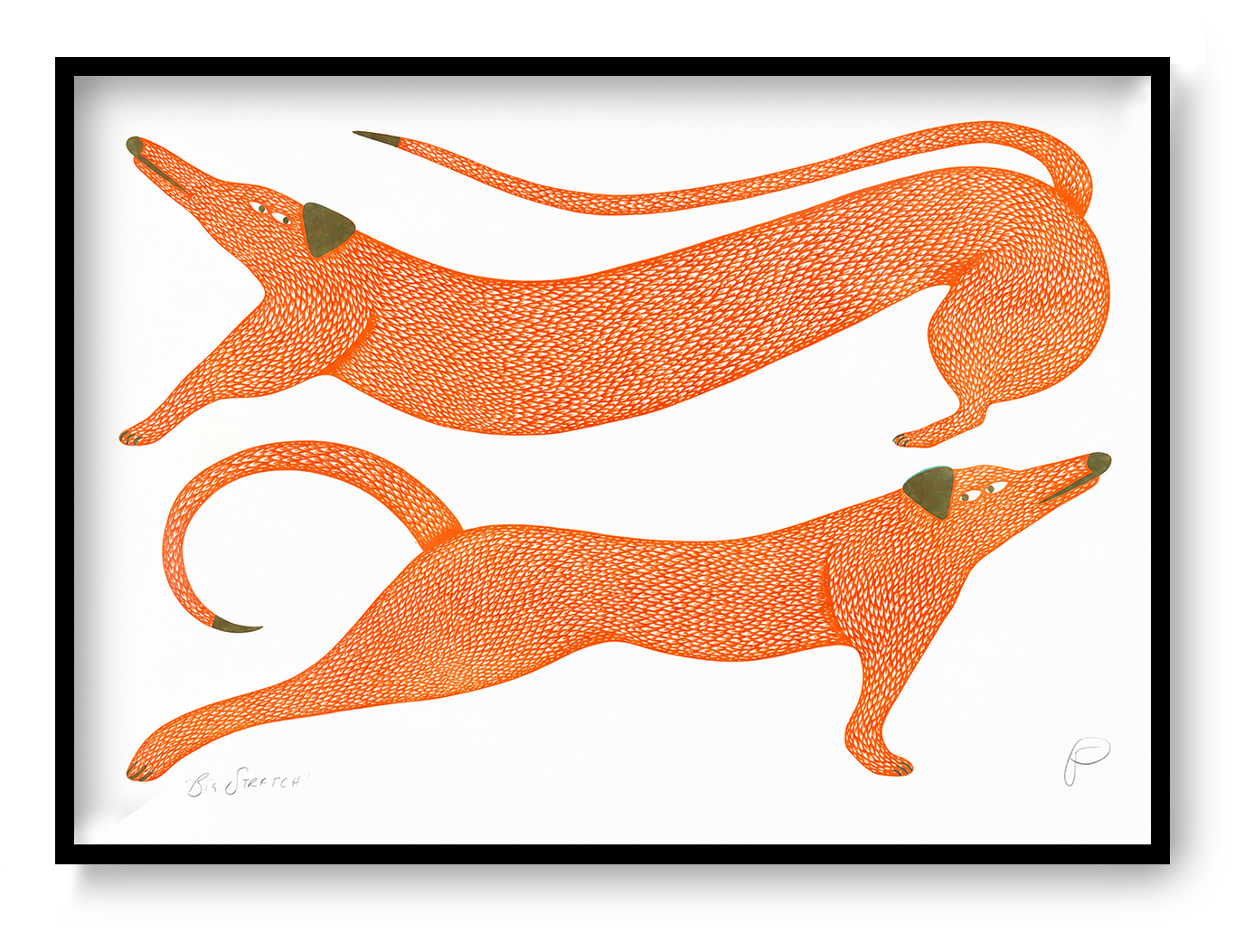 Big Stretch by Strangford, horizontal risograph art print showing two elongated orange dogs with olive details on white, playful contemporary wall art for colourful interiors.