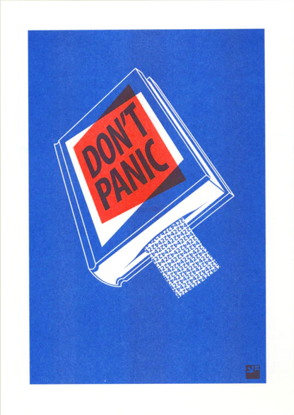 Risograph art print titled Book by VrijFormaat, featuring a blue book cover with bold red and black lettering reading “DON’T PANIC”, inspired by The Hitchhiker’s Guide to the Galaxy. Minimalist design printed in red and blue vegetable-based inks on Biotop paper, A4 size.