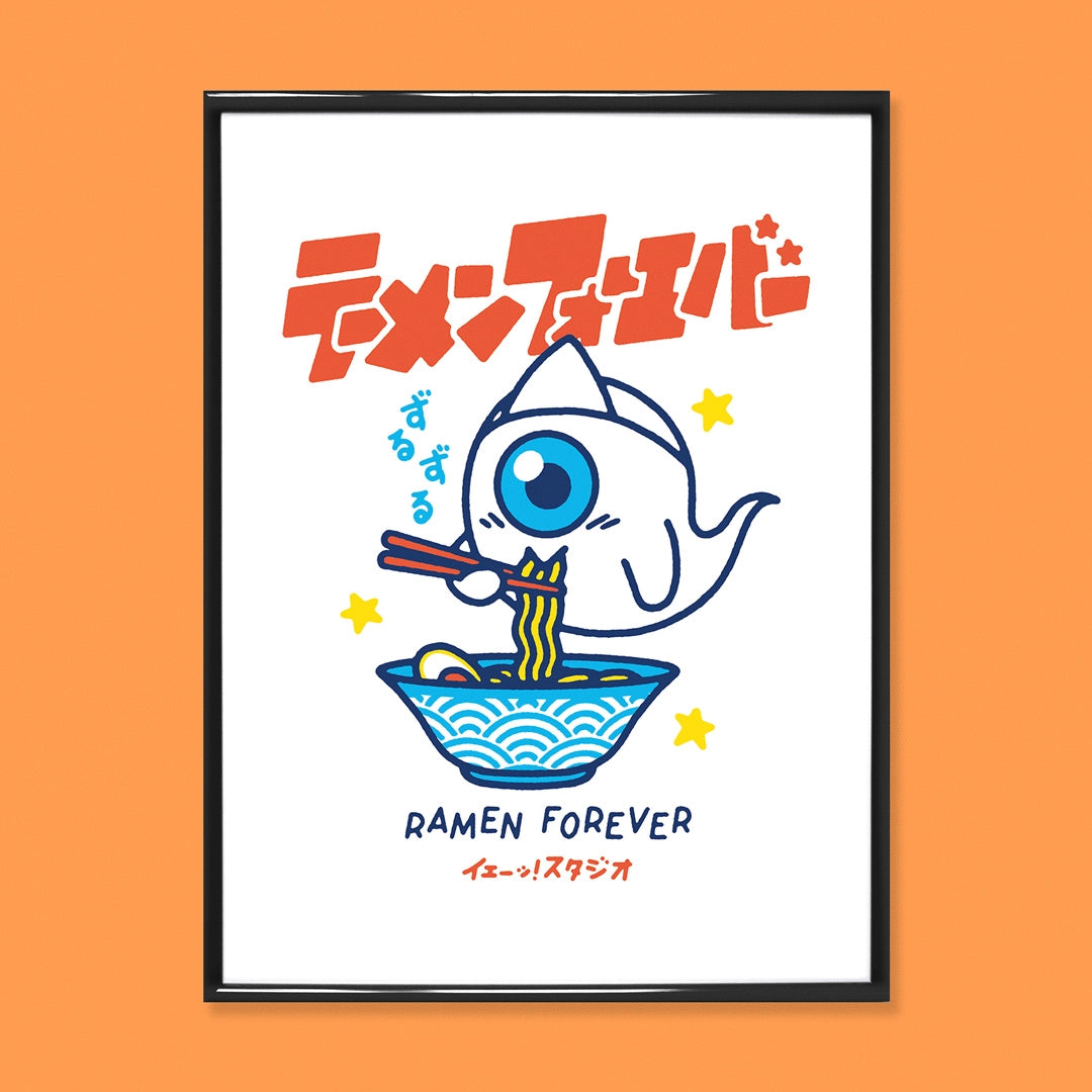 Ramen Forever poster by Yeaaah Studio showing cute Japanese ghost character eating ramen in colorful modern pop art style kitchen wall decoration