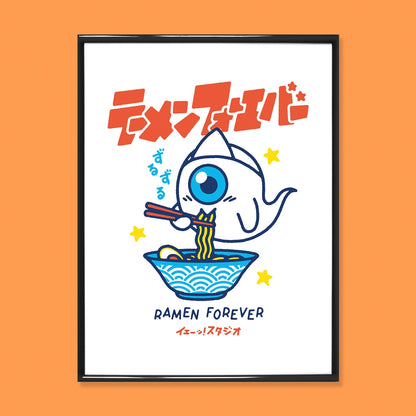 Ramen Forever poster by Yeaaah Studio showing cute Japanese ghost character eating ramen in colorful modern pop art style kitchen wall decoration