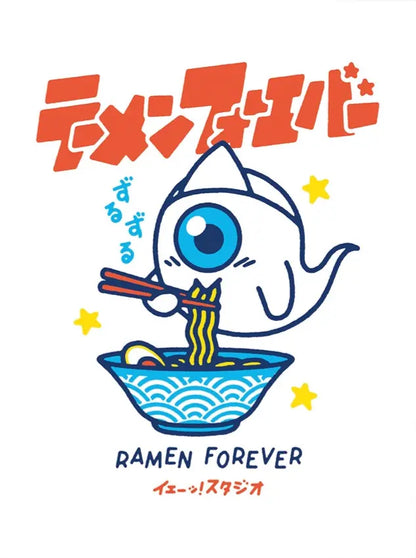 Ramen Forever poster by Yeaaah Studio showing cute Japanese ghost character eating ramen in colorful modern pop art style kitchen wall decoration